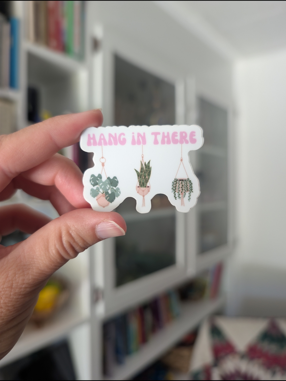 Hang In There Pink Plant Hanger Sticker - Cute Botanical Decal